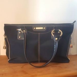 Kathy Van Zeeland Black Purse with Gold Metal and Lavendar Interior